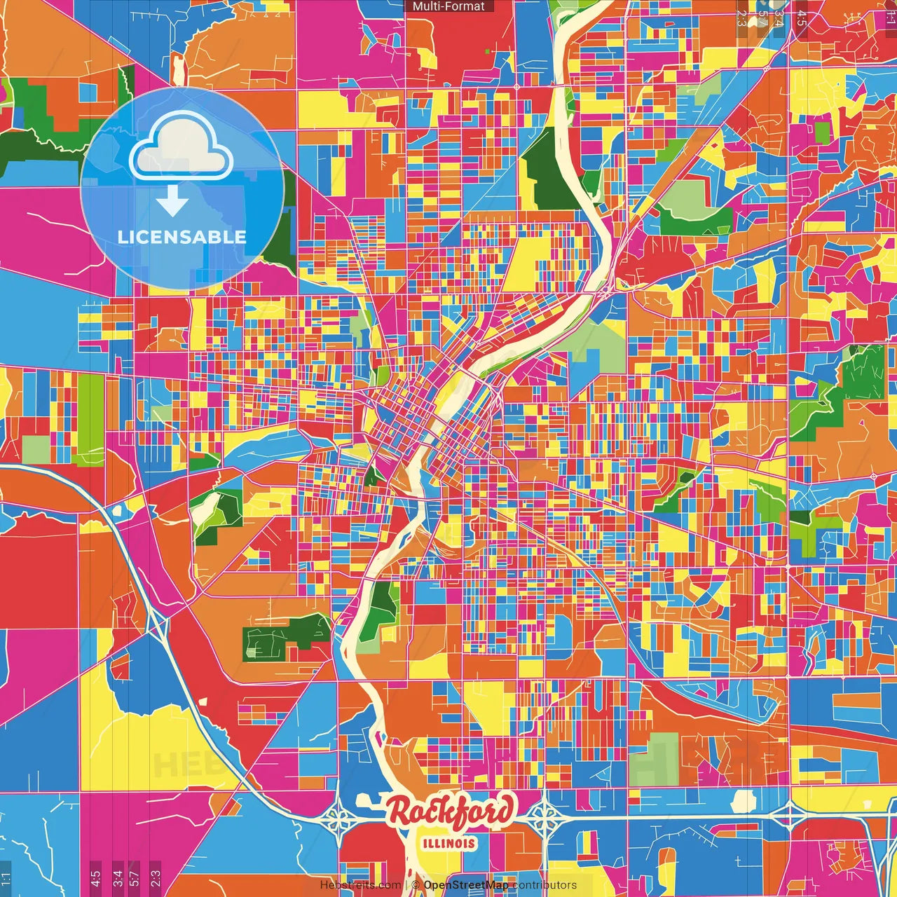 Rockford, Illinois, United States Crazy Colorful Street Map Poster Template