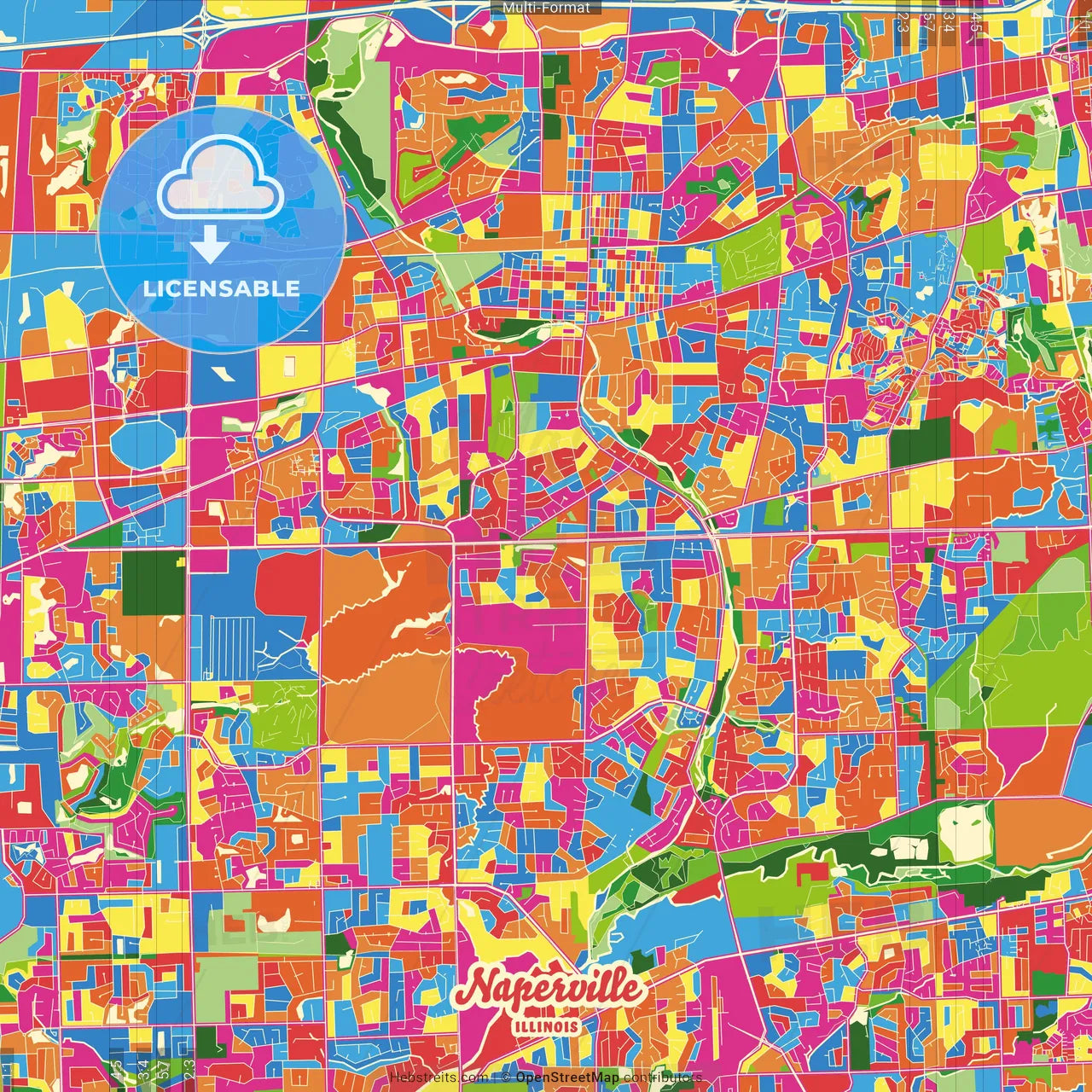 Naperville, Illinois, United States Crazy Colorful Street Map Poster Template