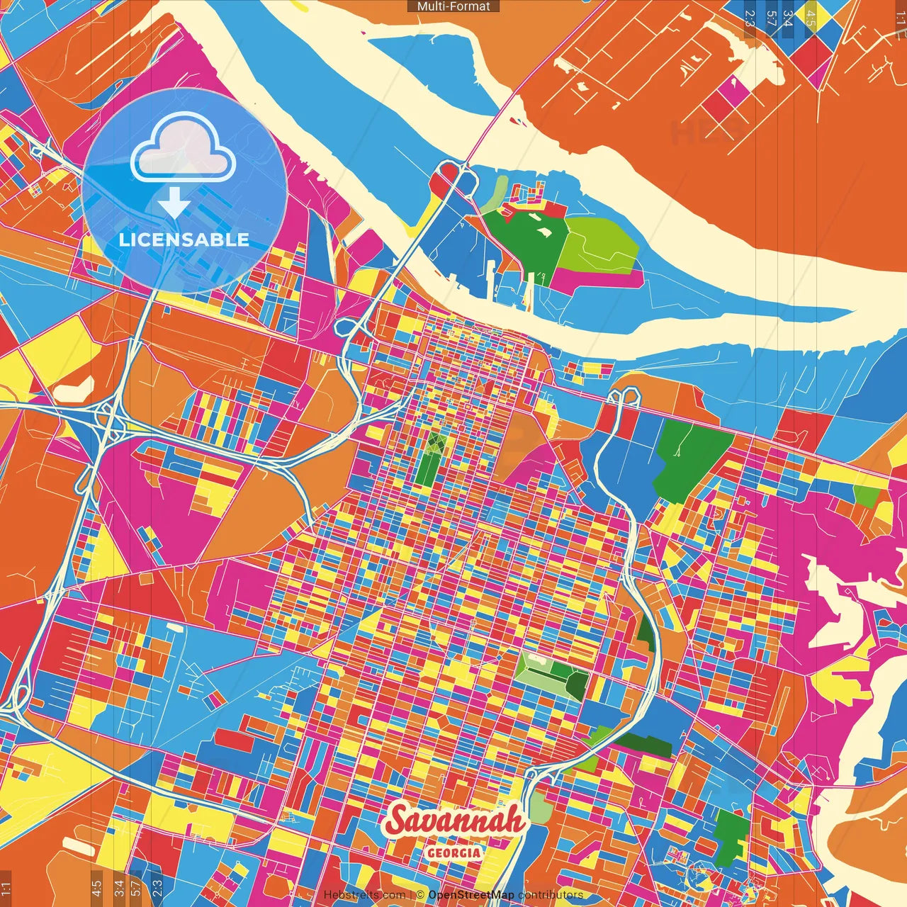 Savannah, Georgia, United States Crazy Colorful Street Map Poster Template