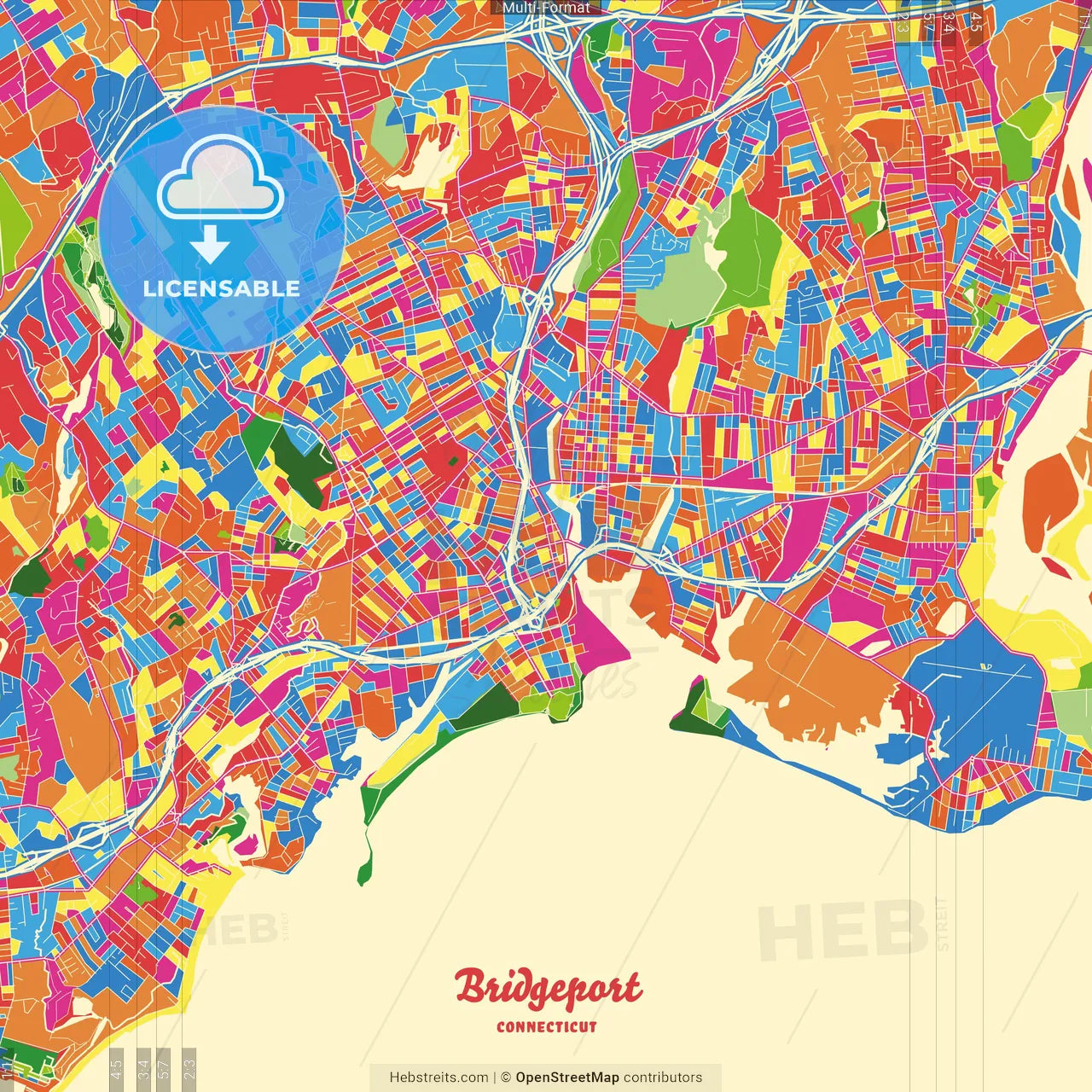 Bridgeport, Connecticut, United States Crazy Colorful Street Map Poster Template