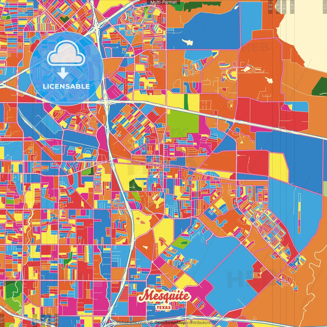 Mesquite, Texas, United States Crazy Colorful Street Map Poster Template