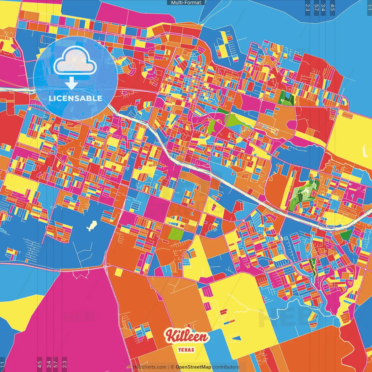 Killeen, Texas, United States Crazy Colorful Street Map Poster Template