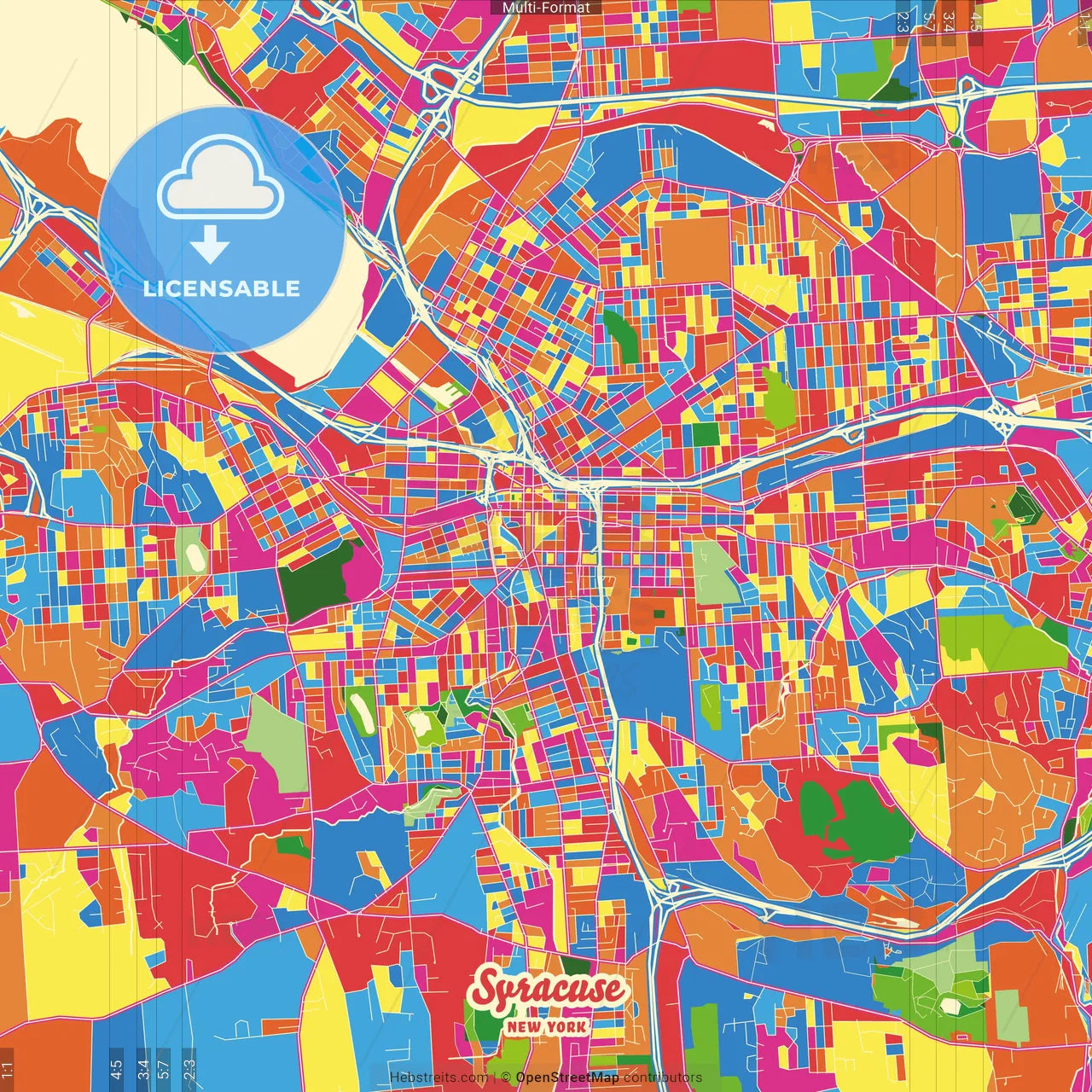 Syracuse, New York, United States Crazy Colorful Street Map Poster Template