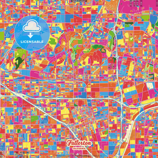 Fullerton, California, United States Crazy Colorful Street Map Poster Template