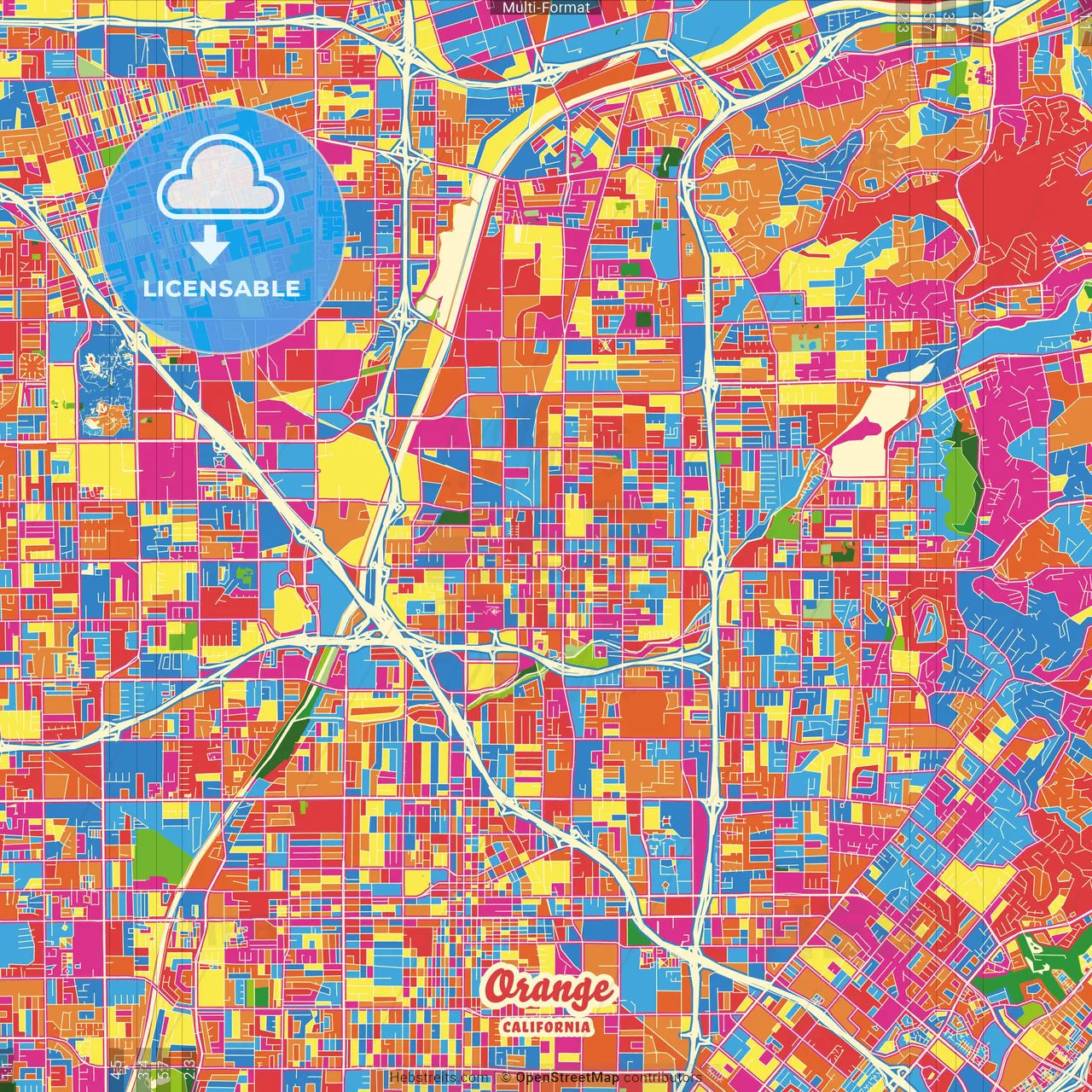 Orange, California, United States Crazy Colorful Street Map Poster Template