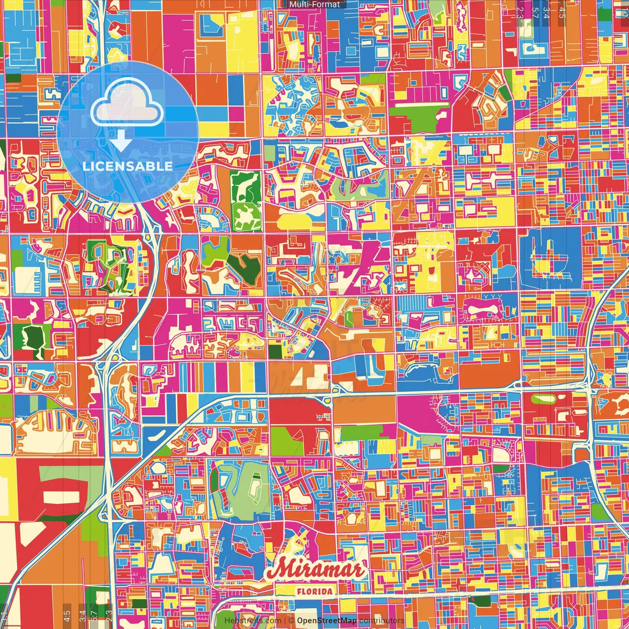 Miramar, Florida, United States Crazy Colorful Street Map Poster Template