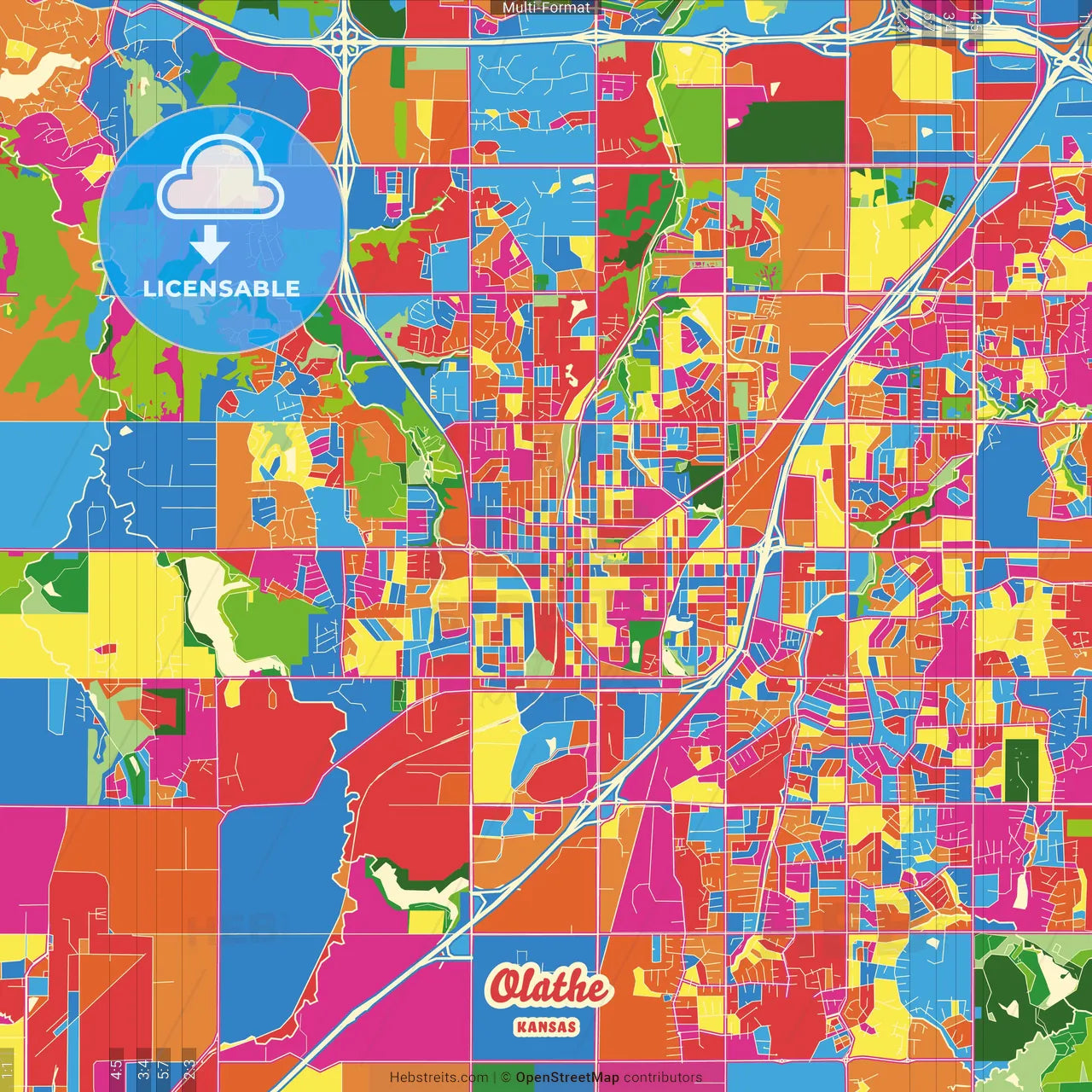 Olathe, Kansas, United States Crazy Colorful Street Map Poster Template