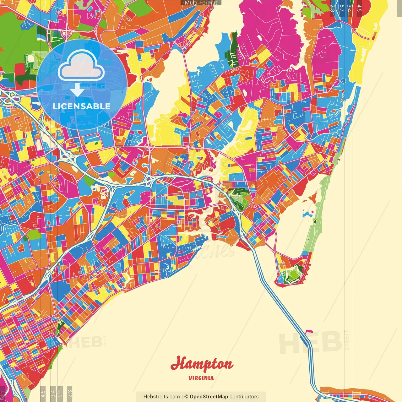 Hampton, Virginia, United States Crazy Colorful Street Map Poster Template