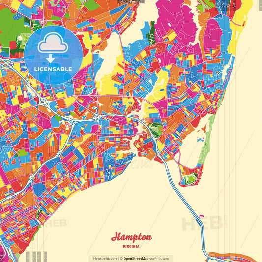 Hampton, Virginia, United States Crazy Colorful Street Map Poster Template