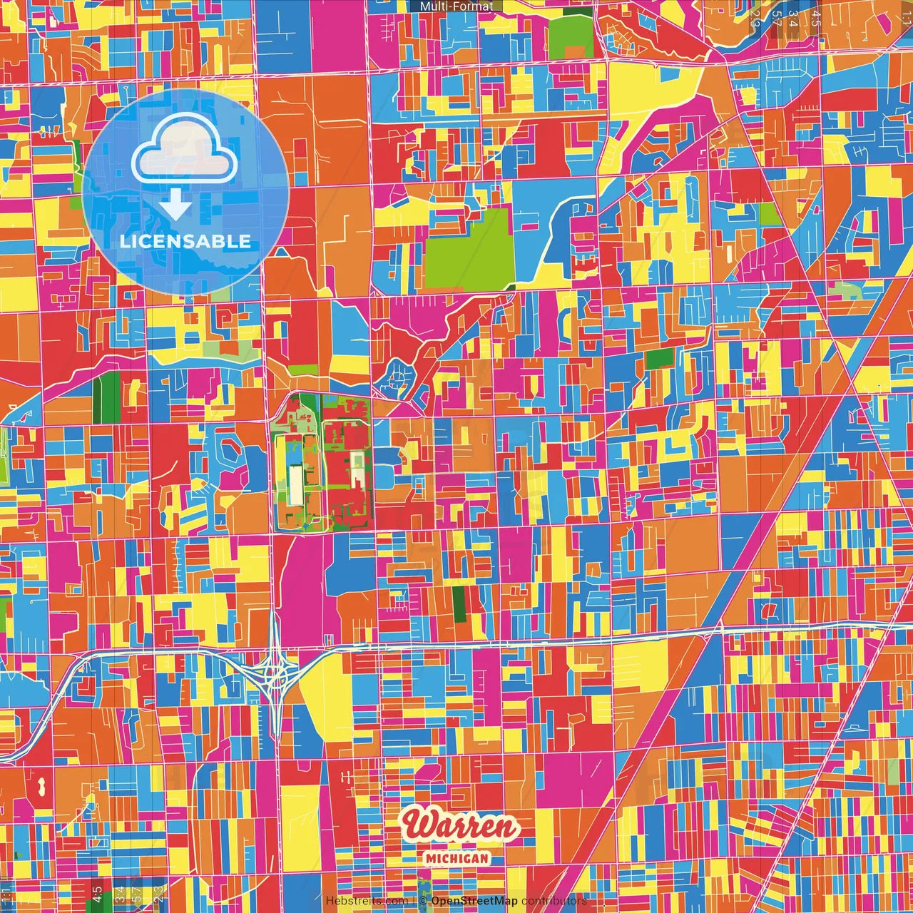 Warren, Michigan, United States Crazy Colorful Street Map Poster Template