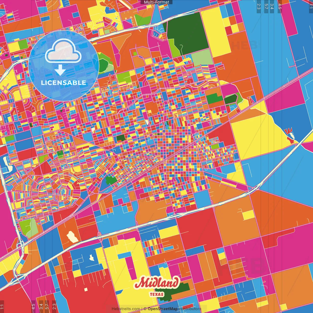 Midland, Texas, United States Crazy Colorful Street Map Poster Template