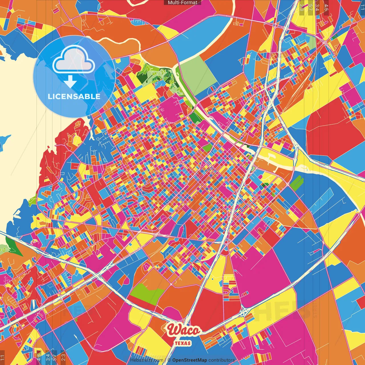 Waco, Texas, United States Crazy Colorful Street Map Poster Template