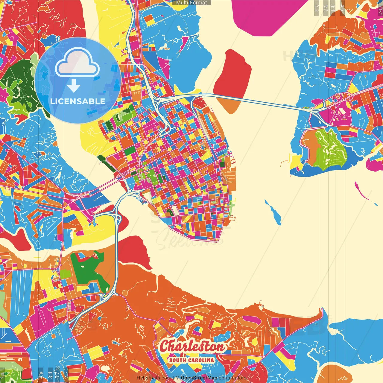 Charleston, South Carolina, United States Crazy Colorful Street Map Poster Template