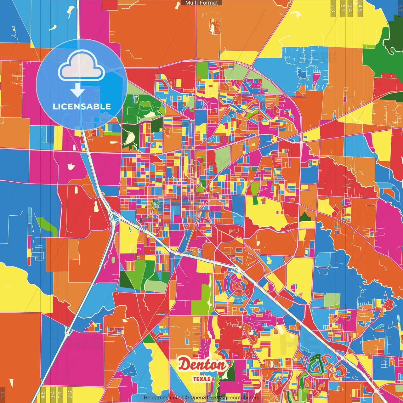Denton, Texas, United States Crazy Colorful Street Map Poster Template