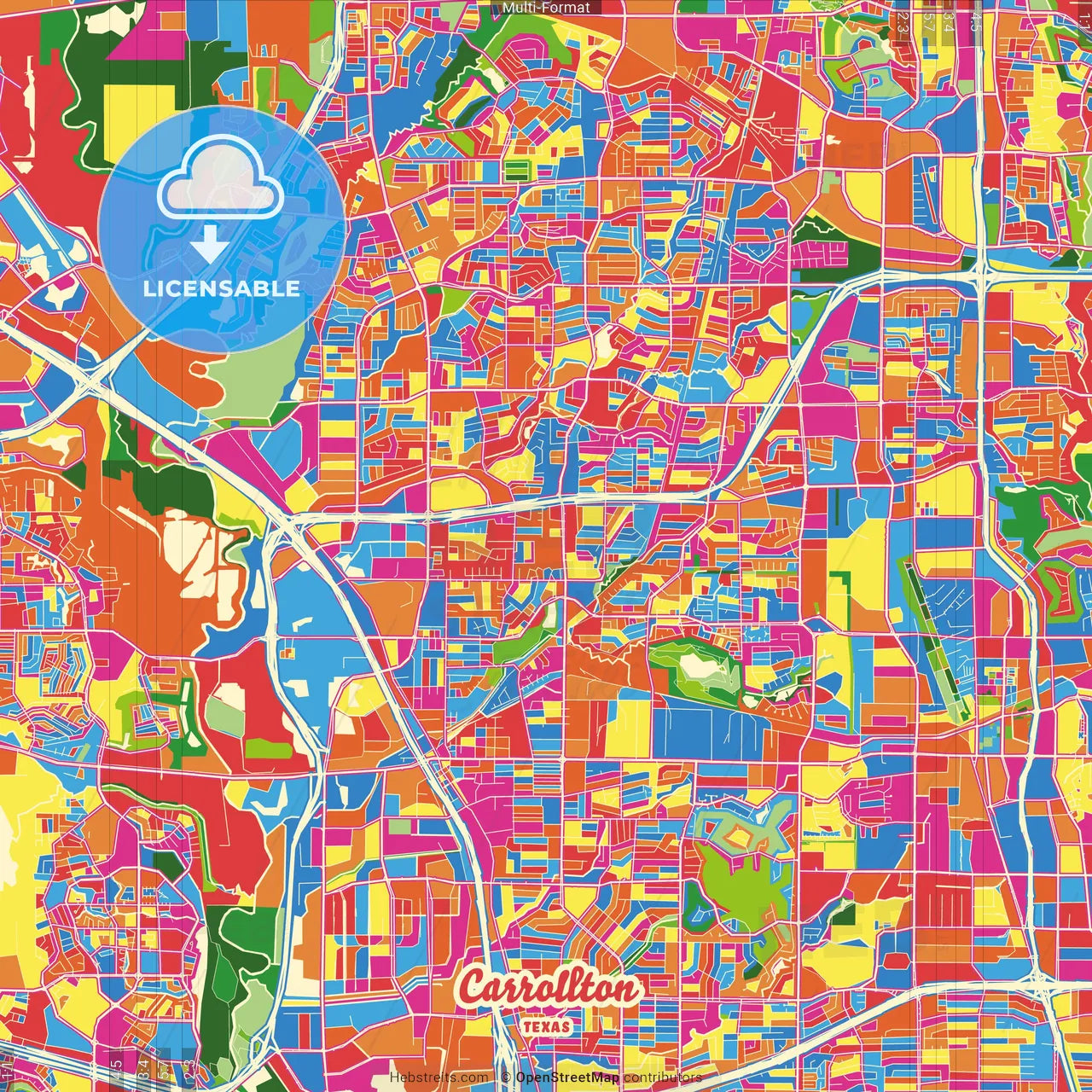 Carrollton, Texas, United States Crazy Colorful Street Map Poster Template