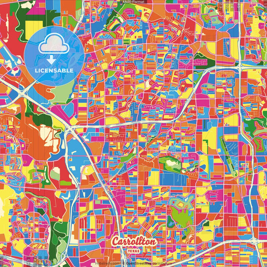 Carrollton, Texas, United States Crazy Colorful Street Map Poster Template