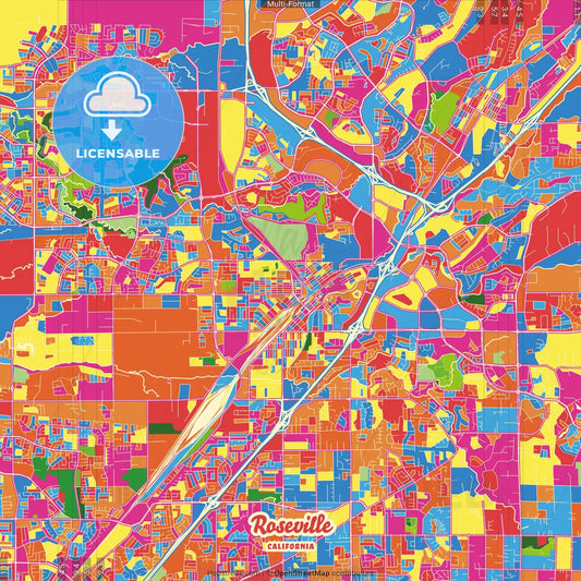 Roseville, California, United States Crazy Colorful Street Map Poster Template