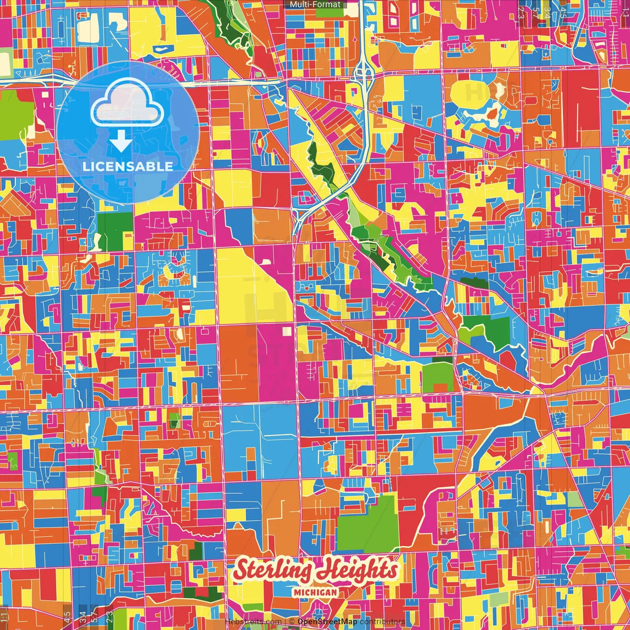 Sterling Heights, Michigan, United States Crazy Colorful Street Map Poster Template