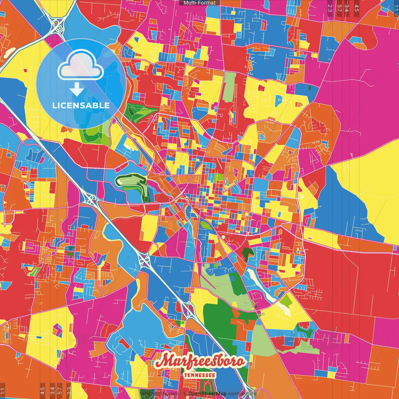 Murfreesboro, Tennessee, United States Crazy Colorful Street Map Poster Template