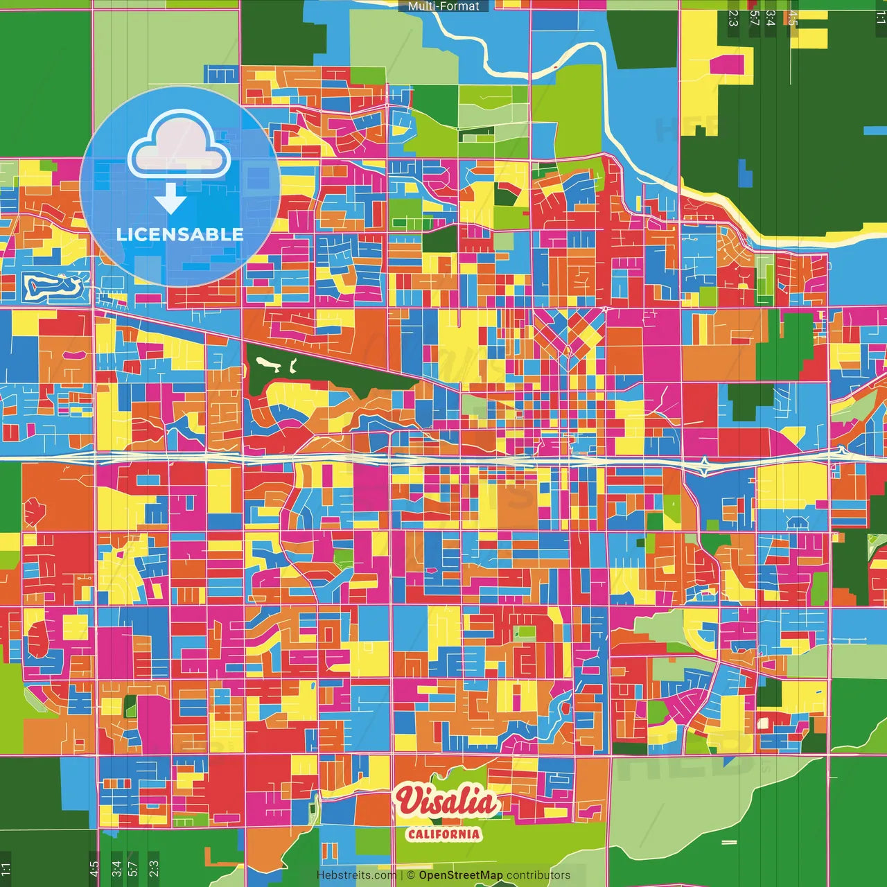 Visalia, California, United States Crazy Colorful Street Map Poster Template