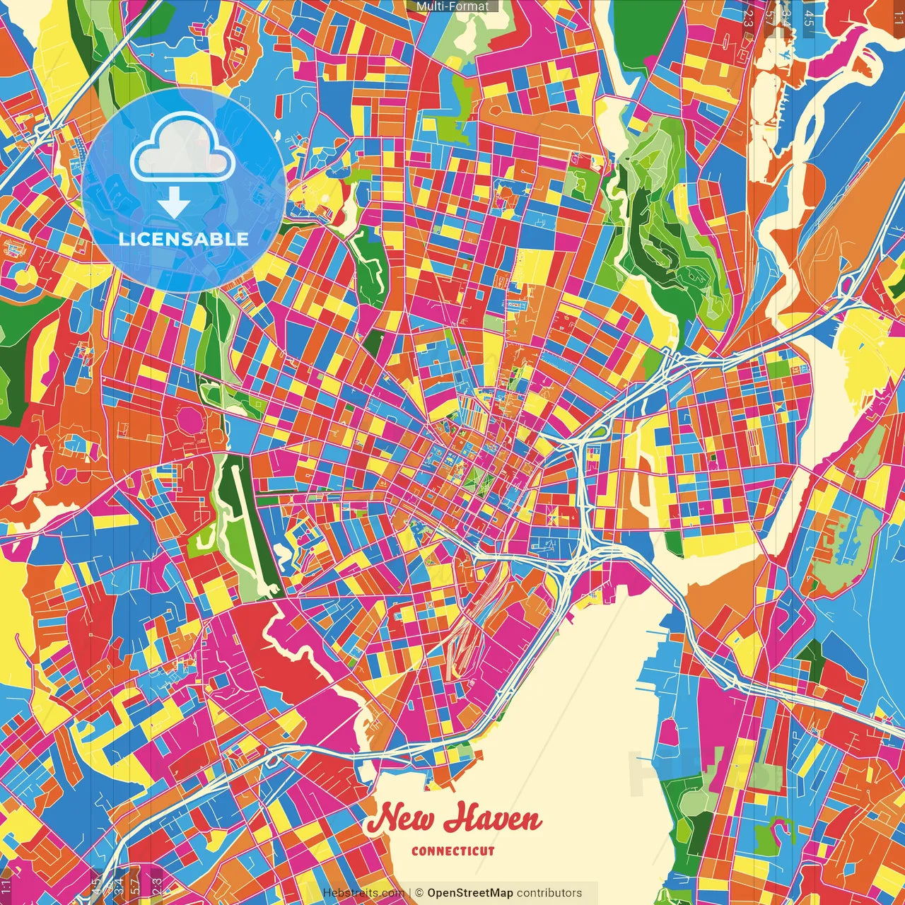 New Haven, Connecticut, United States Crazy Colorful Street Map Poster Template