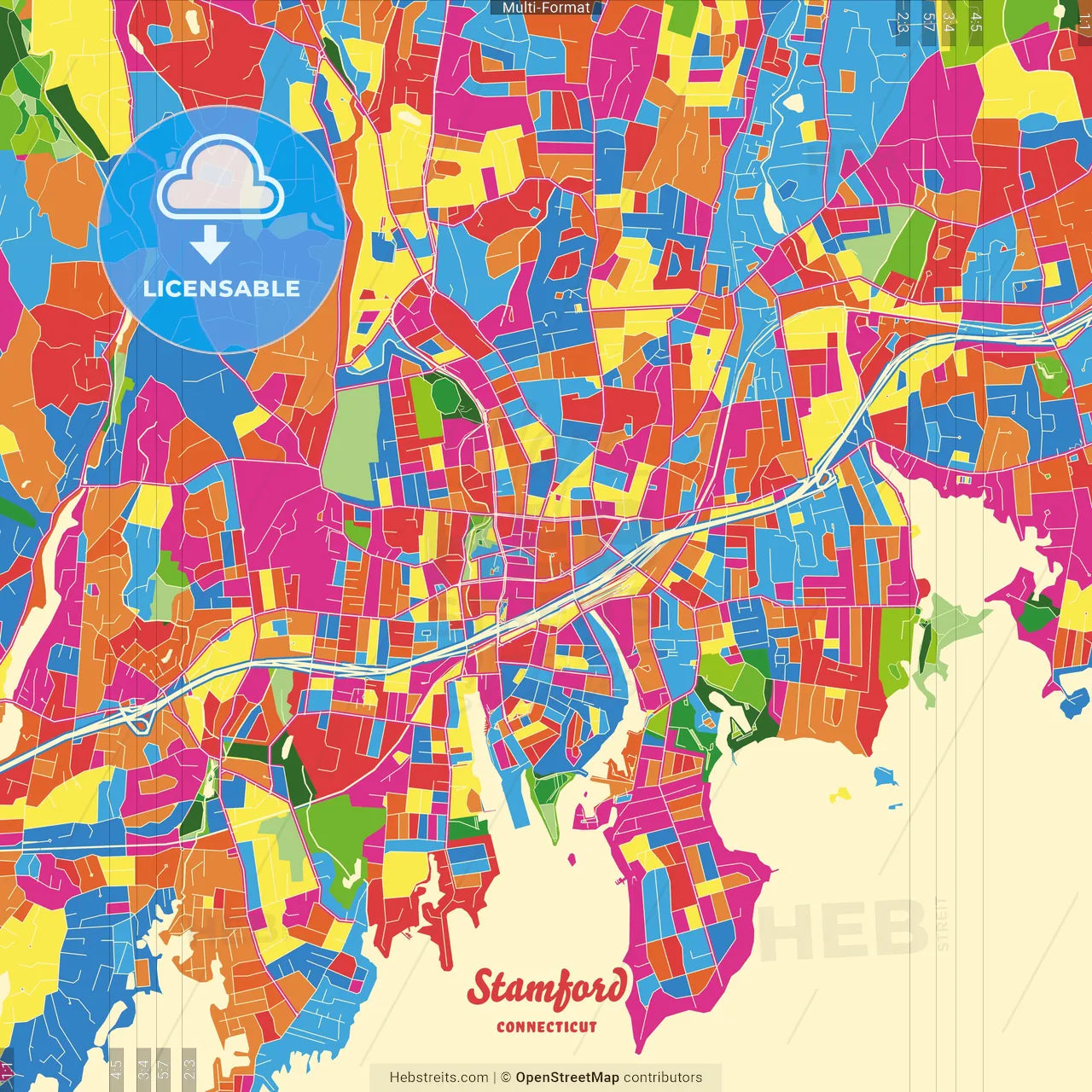 Stamford, Connecticut, United States Crazy Colorful Street Map Poster Template