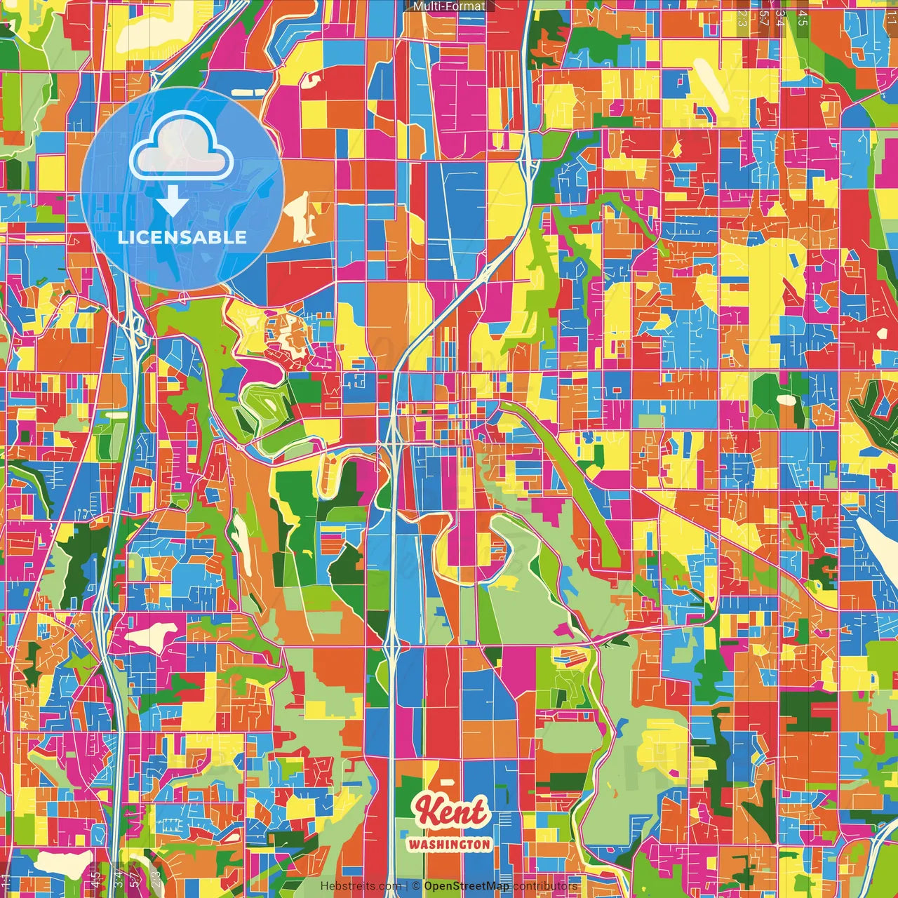 Kent, Washington, United States Crazy Colorful Street Map Poster Template