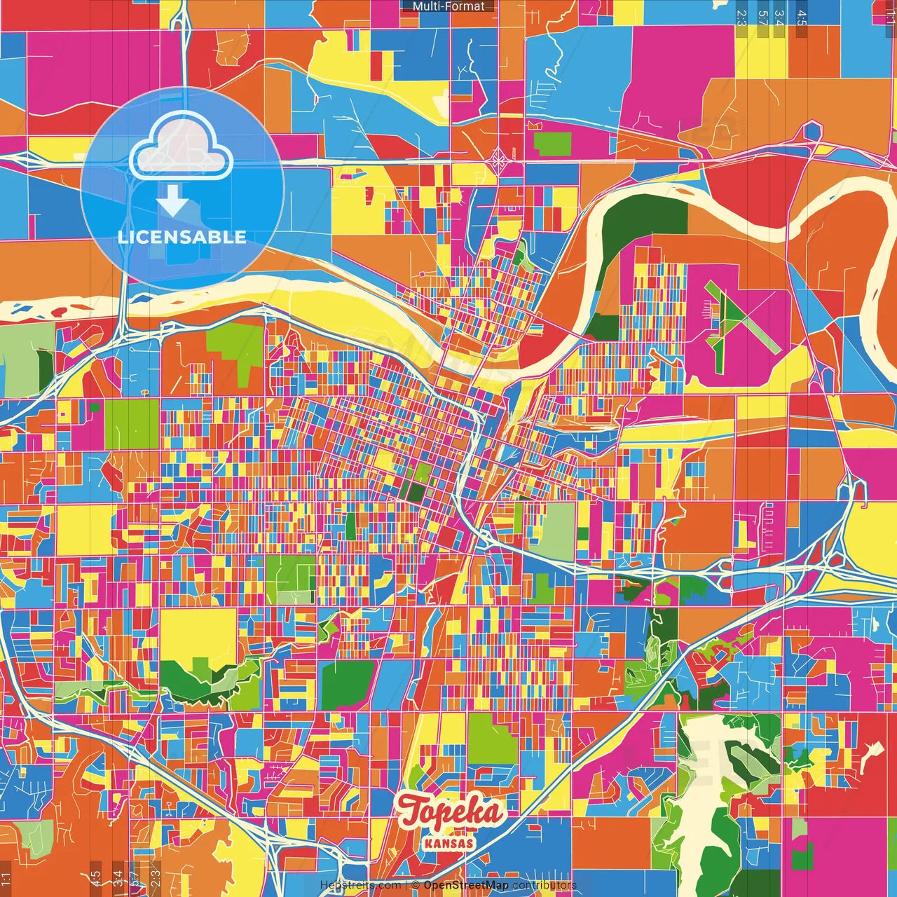 Topeka, Kansas, United States Crazy Colorful Street Map Poster Template