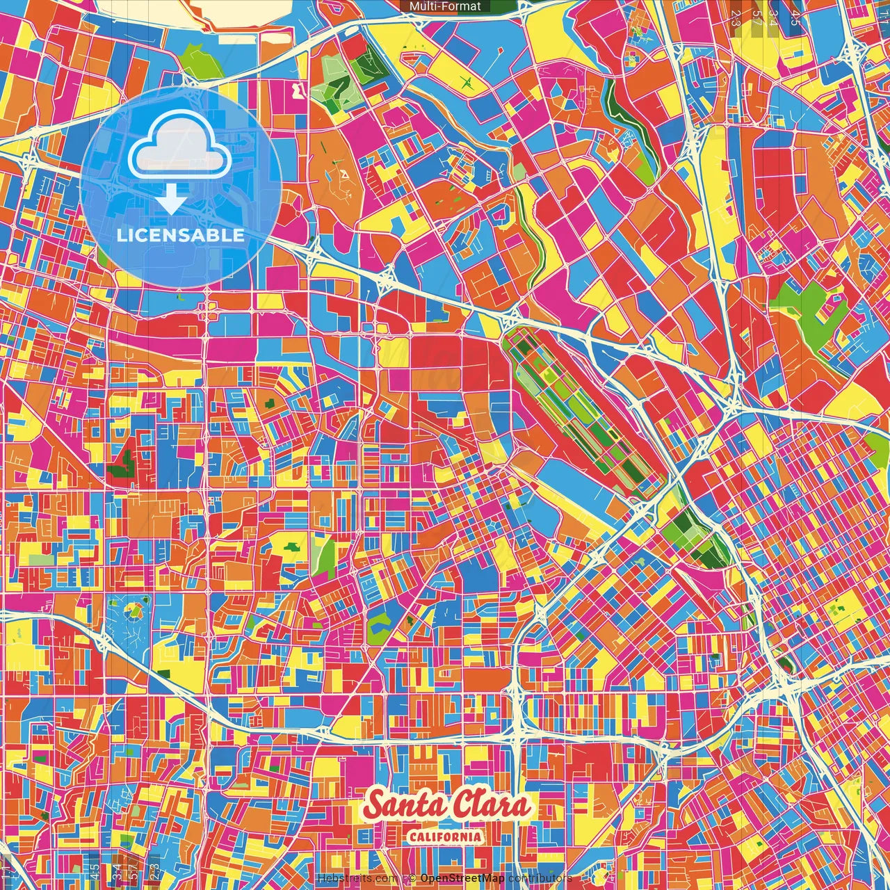 Santa Clara, California, United States Crazy Colorful Street Map Poster Template