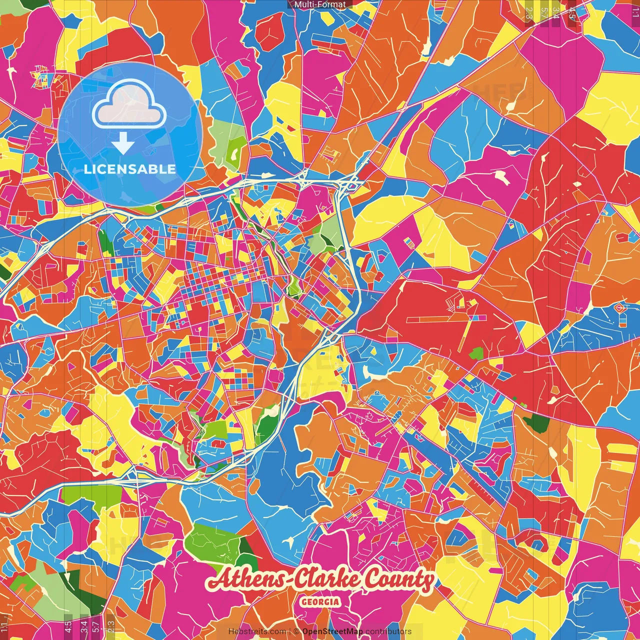 Athens-Clarke County, Georgia, United States Crazy Colorful Street Map Poster Template