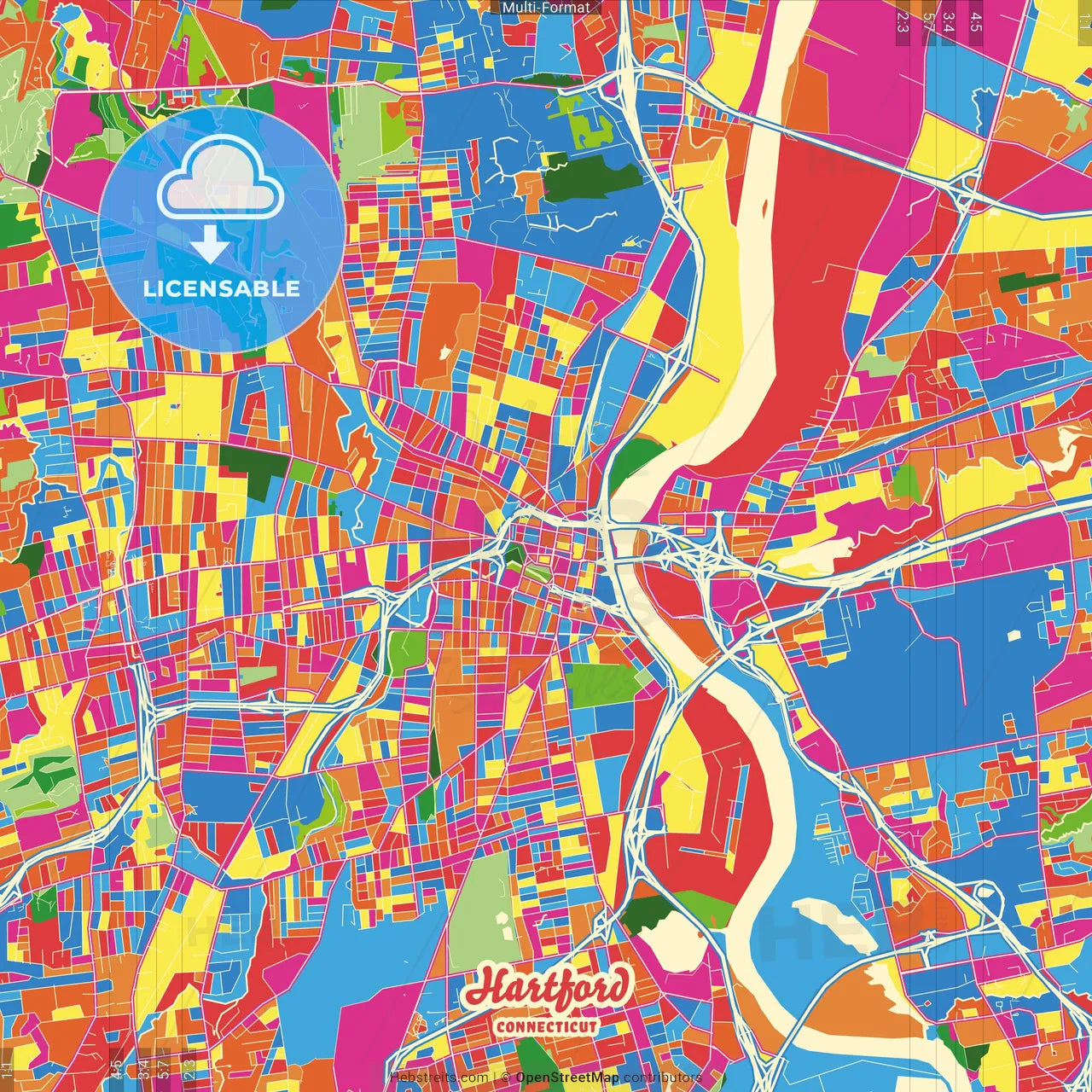 Hartford, Connecticut, United States Crazy Colorful Street Map Poster Template