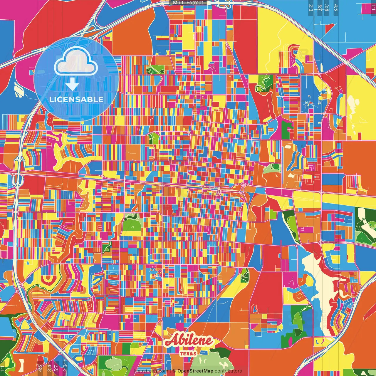 Abilene, Texas, United States Crazy Colorful Street Map Poster Template