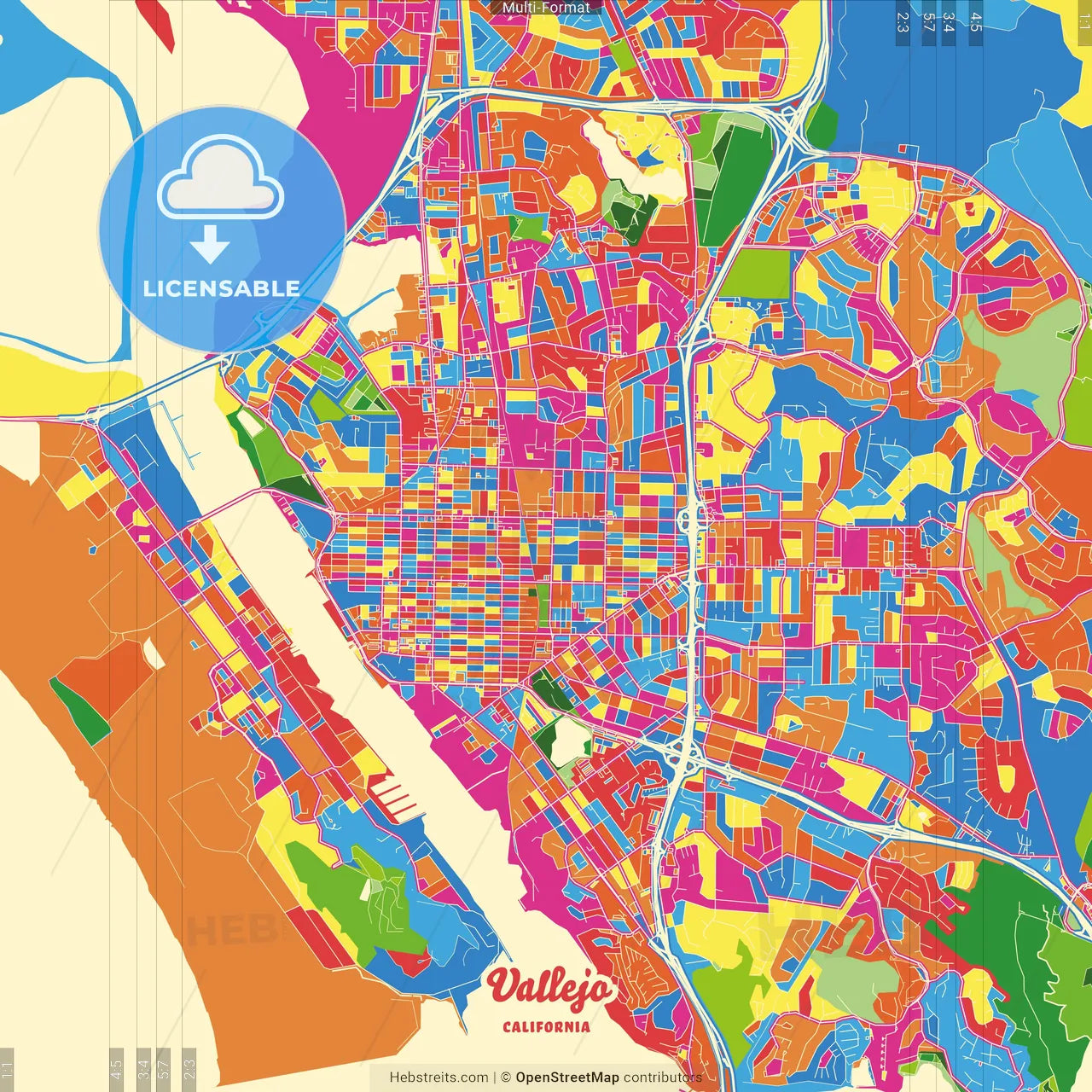 Vallejo, California, United States Crazy Colorful Street Map Poster Template