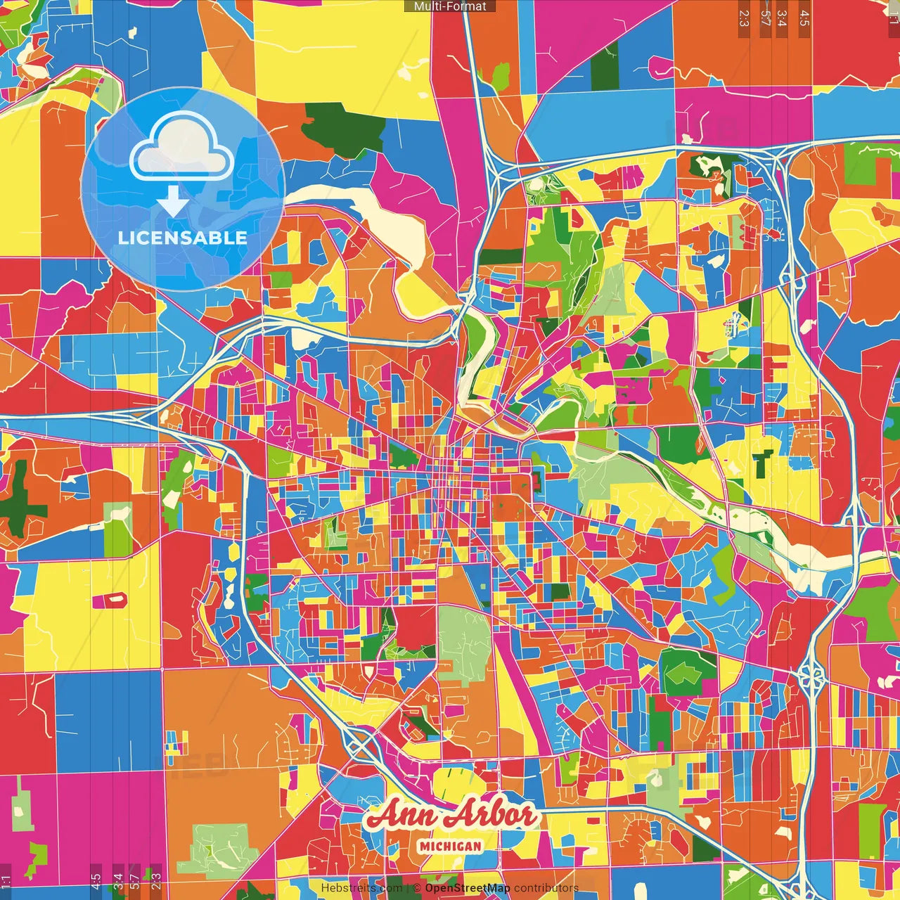 Ann Arbor, Michigan, United States Crazy Colorful Street Map Poster Template