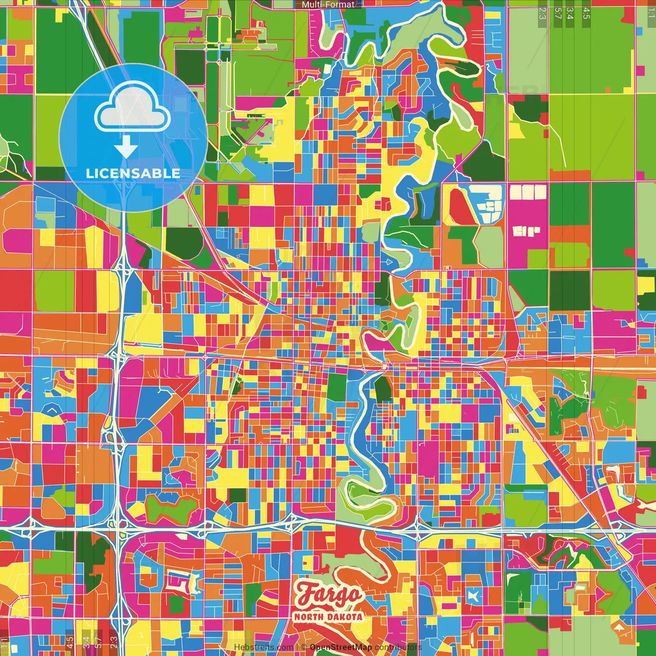 Fargo, North Dakota, United States Crazy Colorful Street Map Poster Template