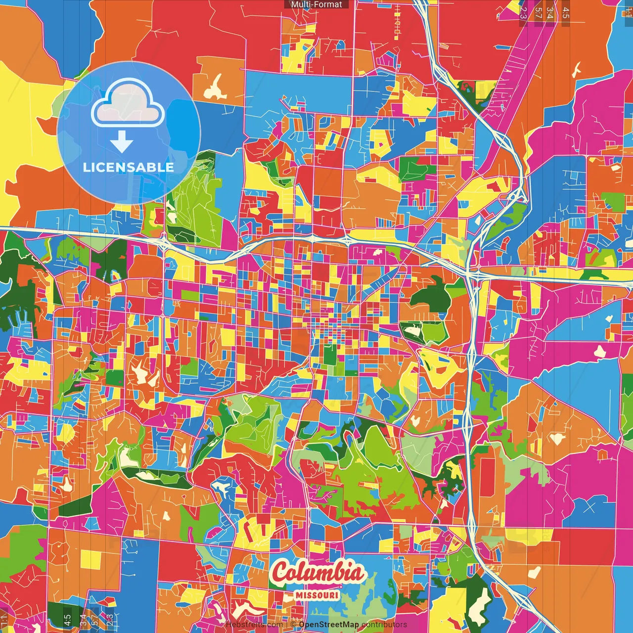 Columbia, Missouri, United States Crazy Colorful Street Map Poster Template