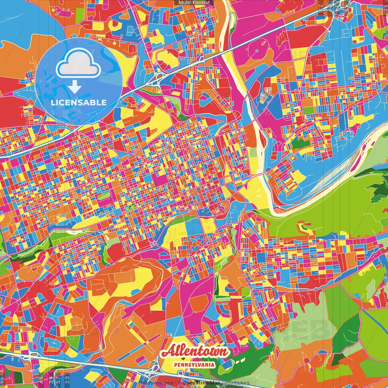 Allentown, Pennsylvania, United States Crazy Colorful Street Map Poster Template