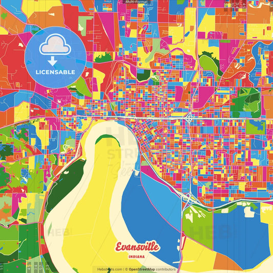 Evansville, Indiana, United States Crazy Colorful Street Map Poster Template