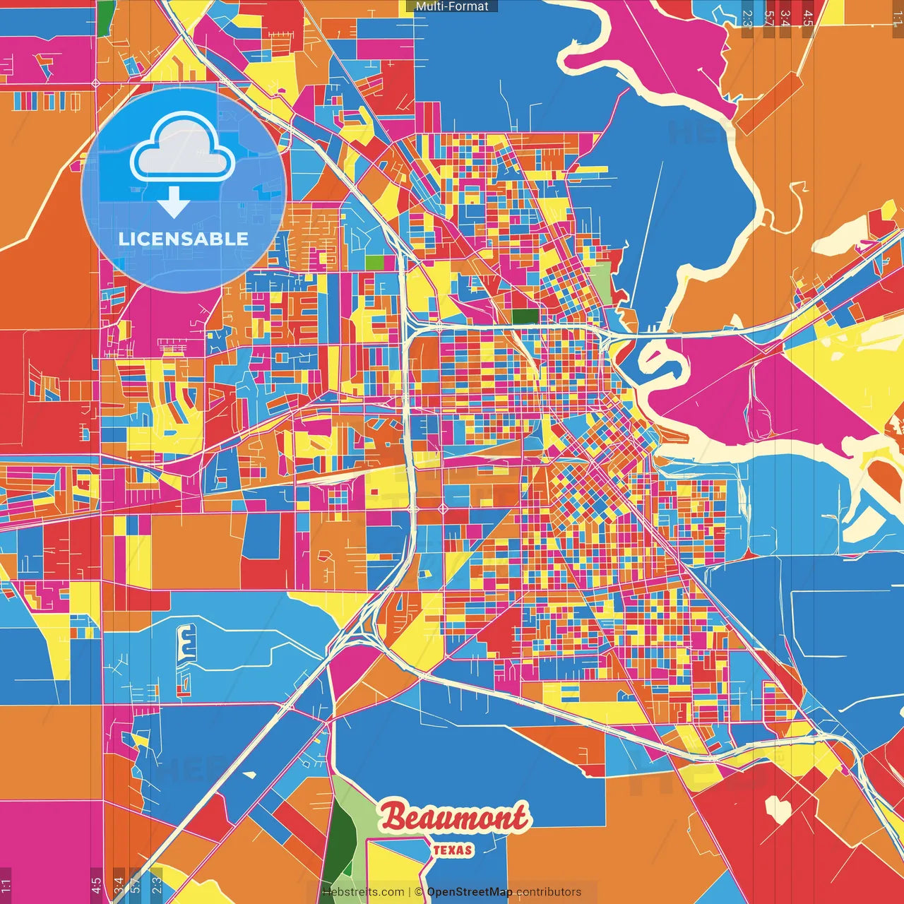 Beaumont, Texas, United States Crazy Colorful Street Map Poster Template