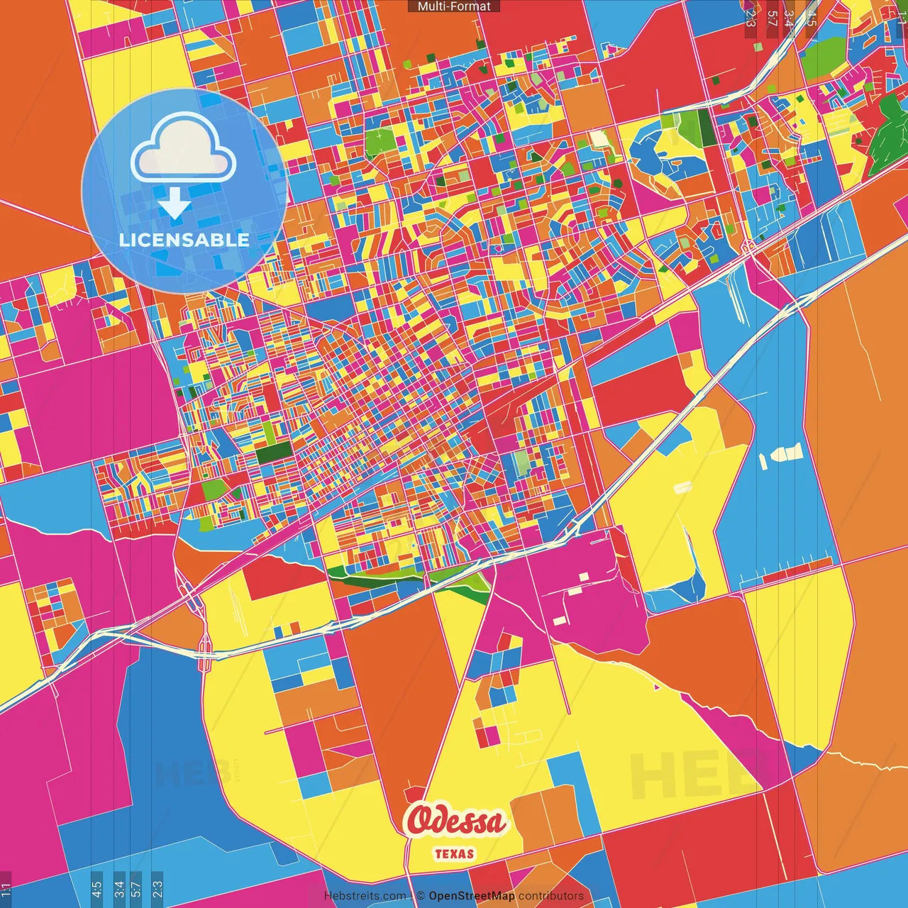 Odessa, Texas, United States Crazy Colorful Street Map Poster Template