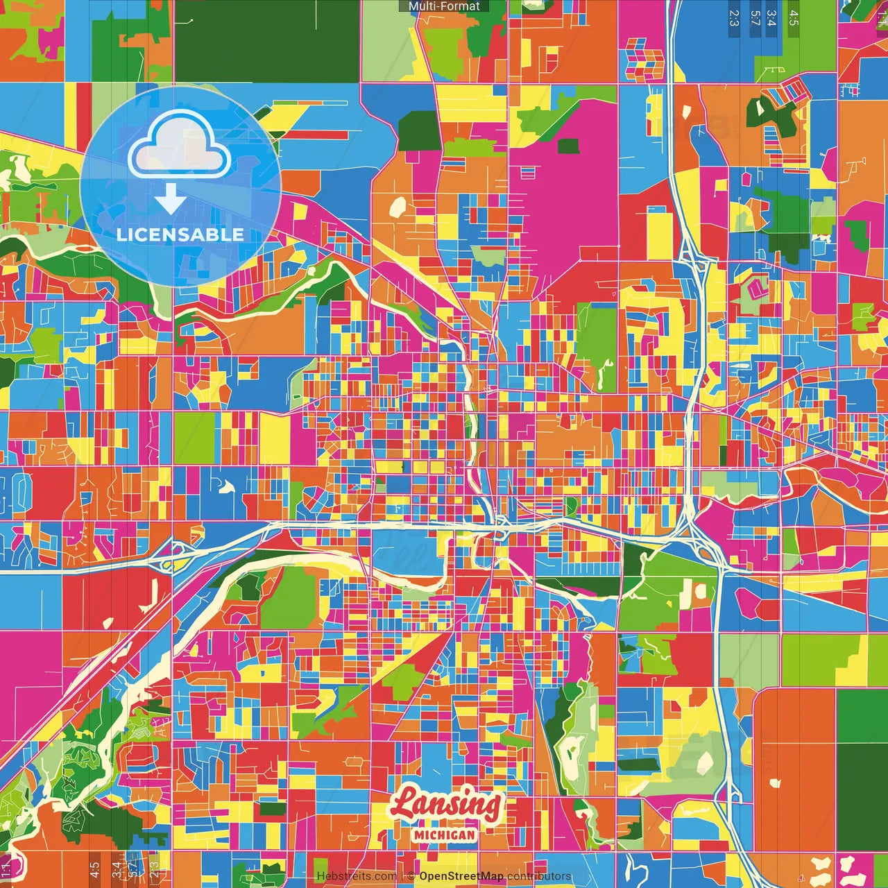Lansing, Michigan, United States Crazy Colorful Street Map Poster Template