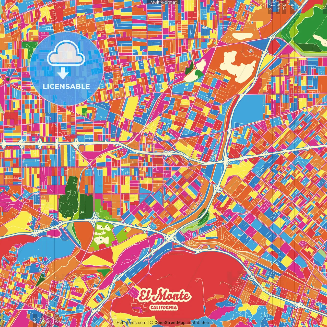 El Monte, California, United States Crazy Colorful Street Map Poster Template