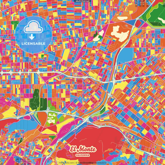 El Monte, California, United States Crazy Colorful Street Map Poster Template