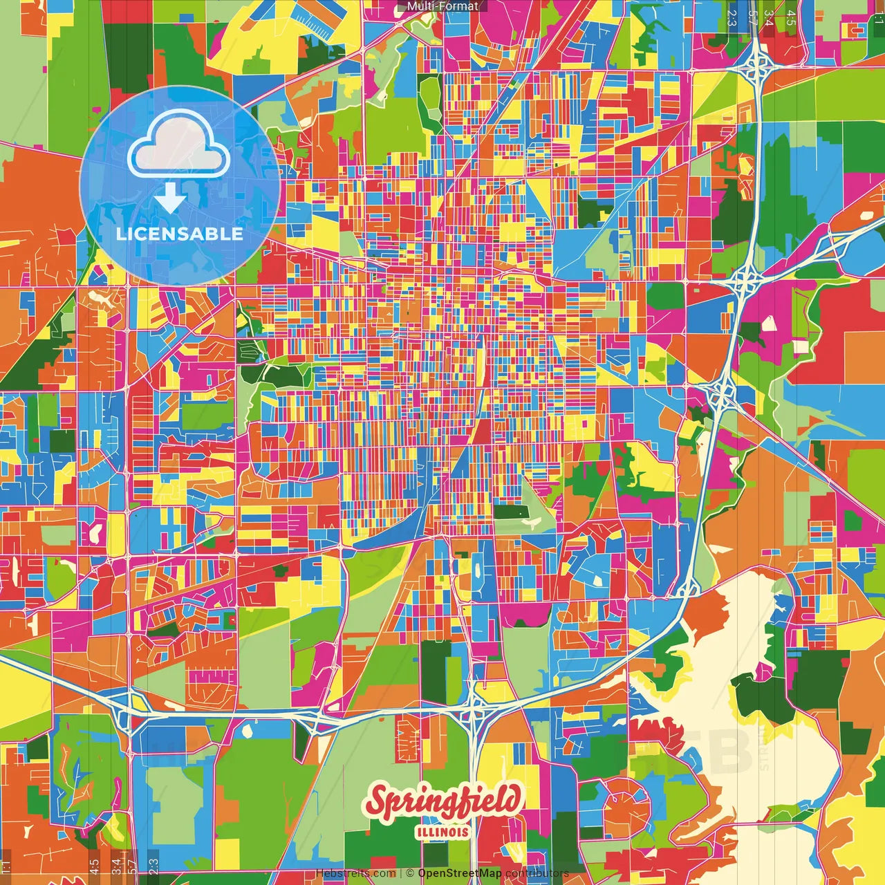 Springfield, Illinois, United States Crazy Colorful Street Map Poster Template