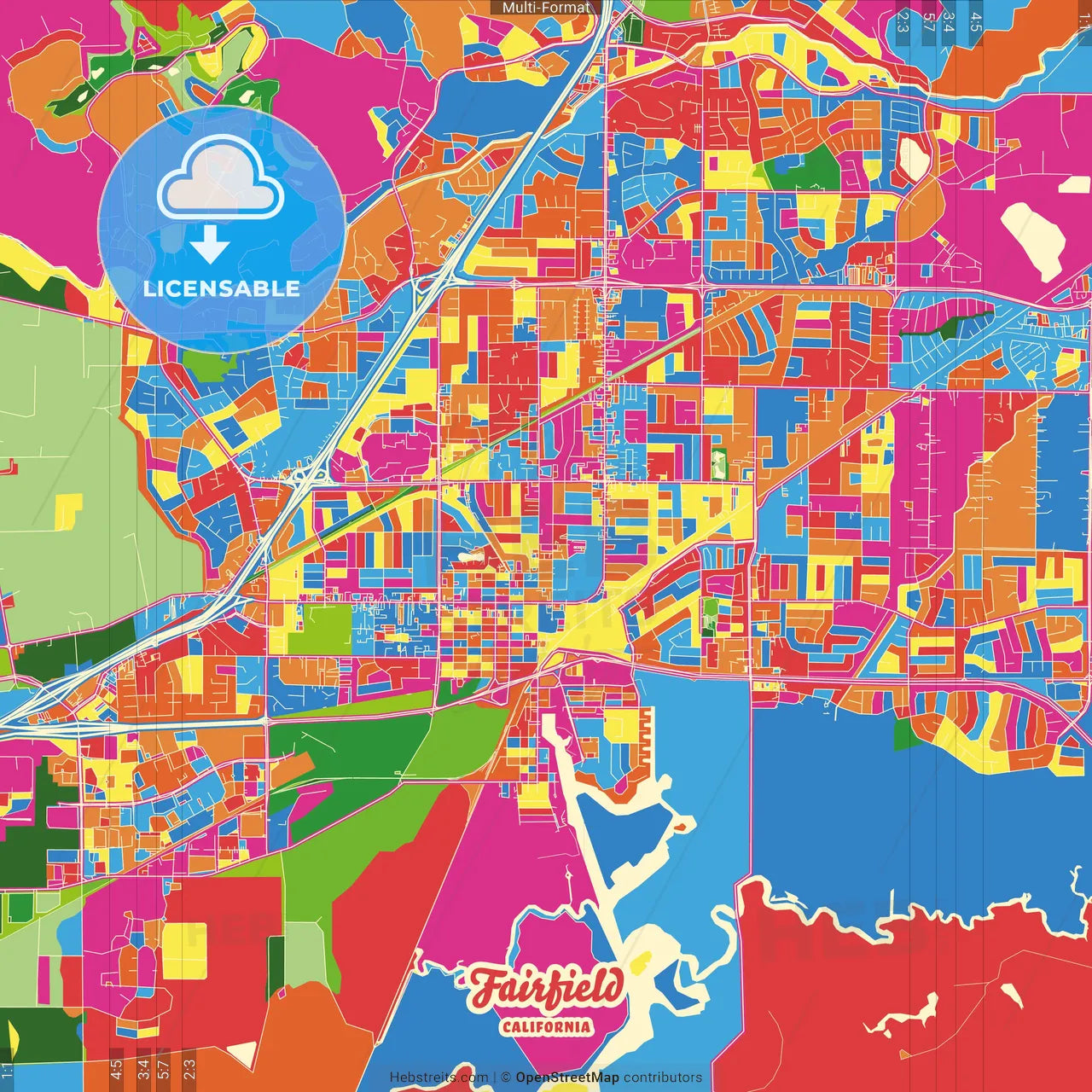 Fairfield, California, United States Crazy Colorful Street Map Poster Template