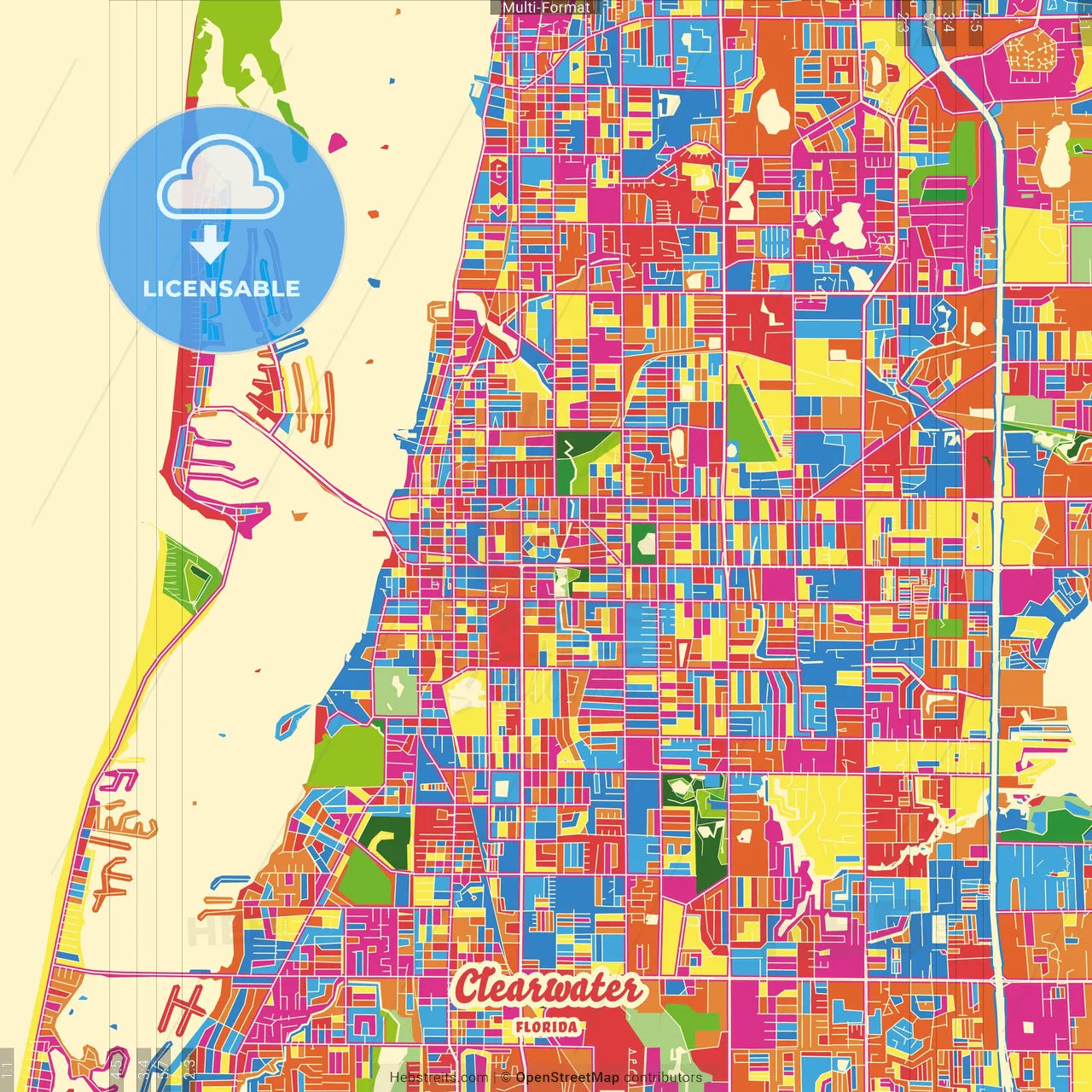 Clearwater, Florida, United States Crazy Colorful Street Map Poster Template