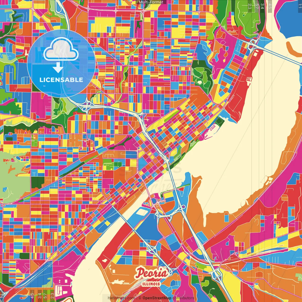 Peoria, Illinois, United States Crazy Colorful Street Map Poster Template