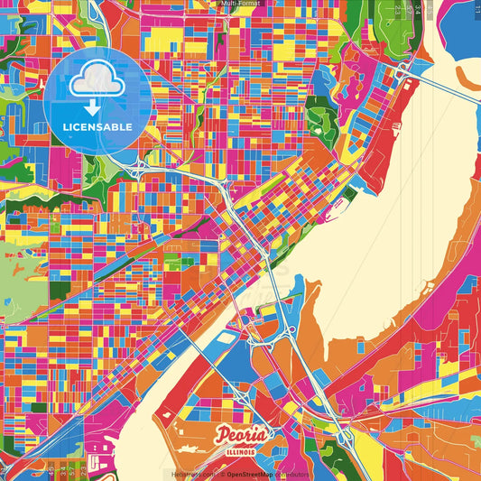 Peoria, Illinois, United States Crazy Colorful Street Map Poster Template