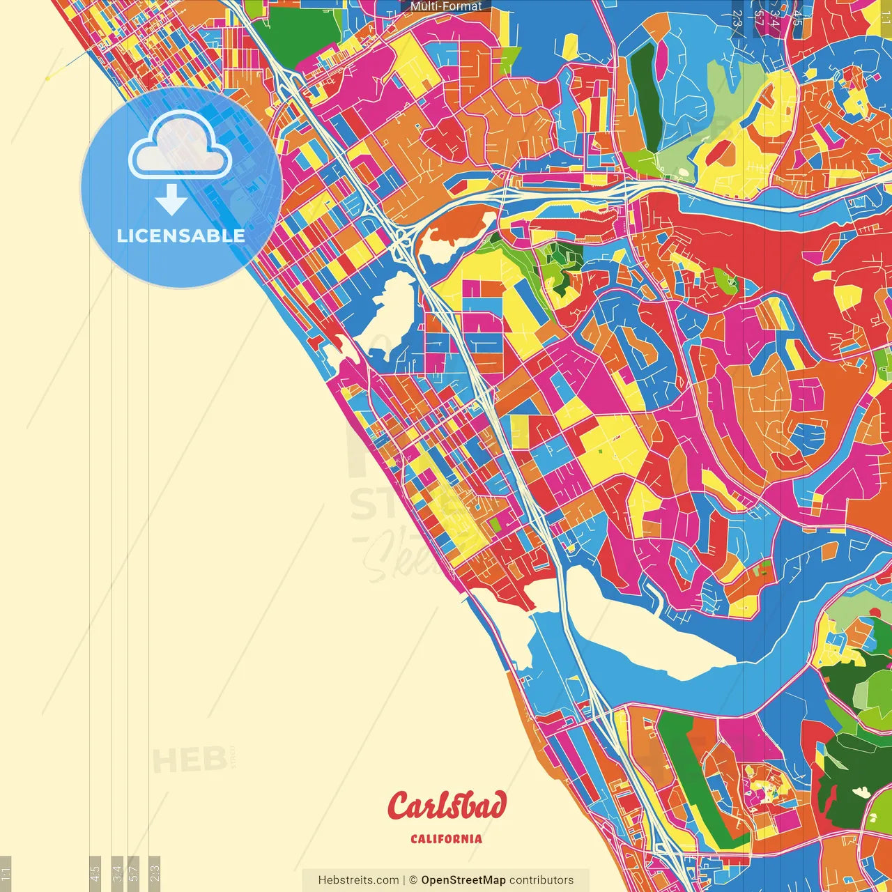 Carlsbad, California, United States Crazy Colorful Street Map Poster Template