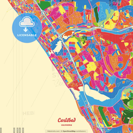 Carlsbad, California, United States Crazy Colorful Street Map Poster Template